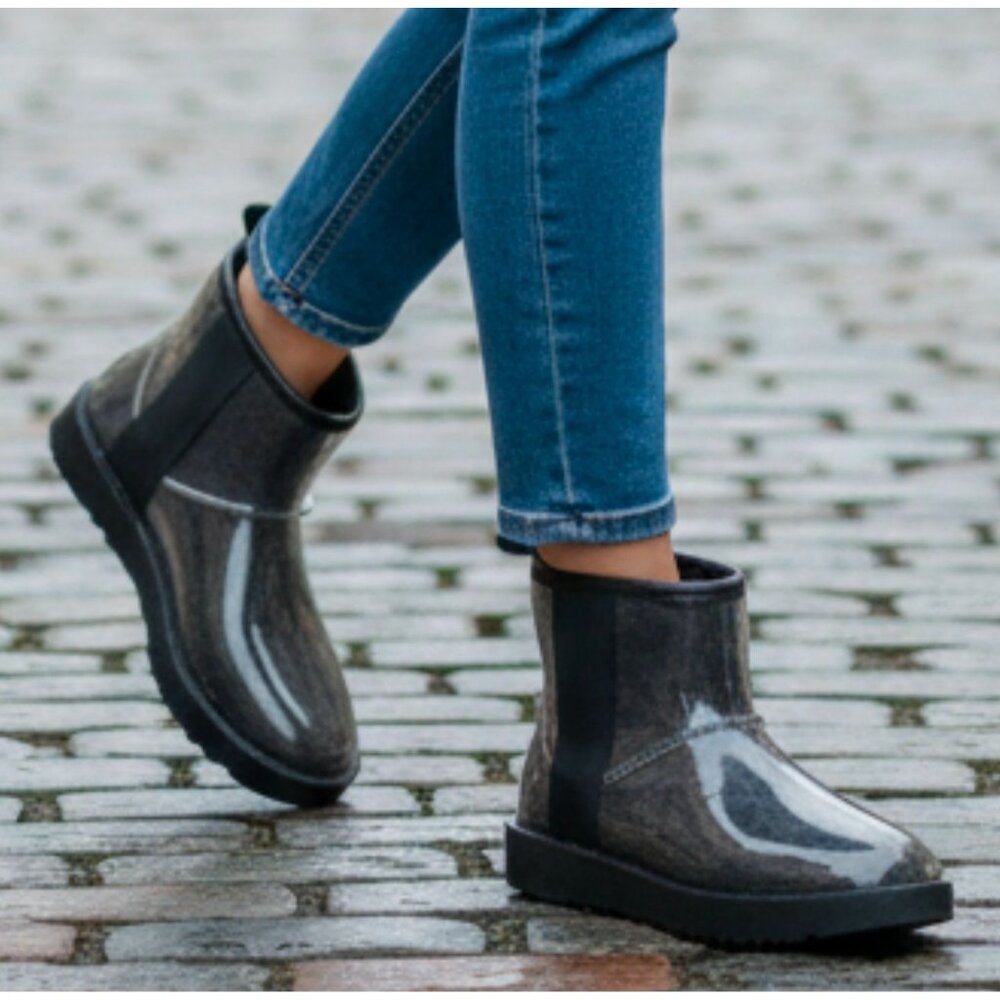 Transparent Waterproof Ankle Boots With Non-Slip Soles Sleek Black Finish Durabl